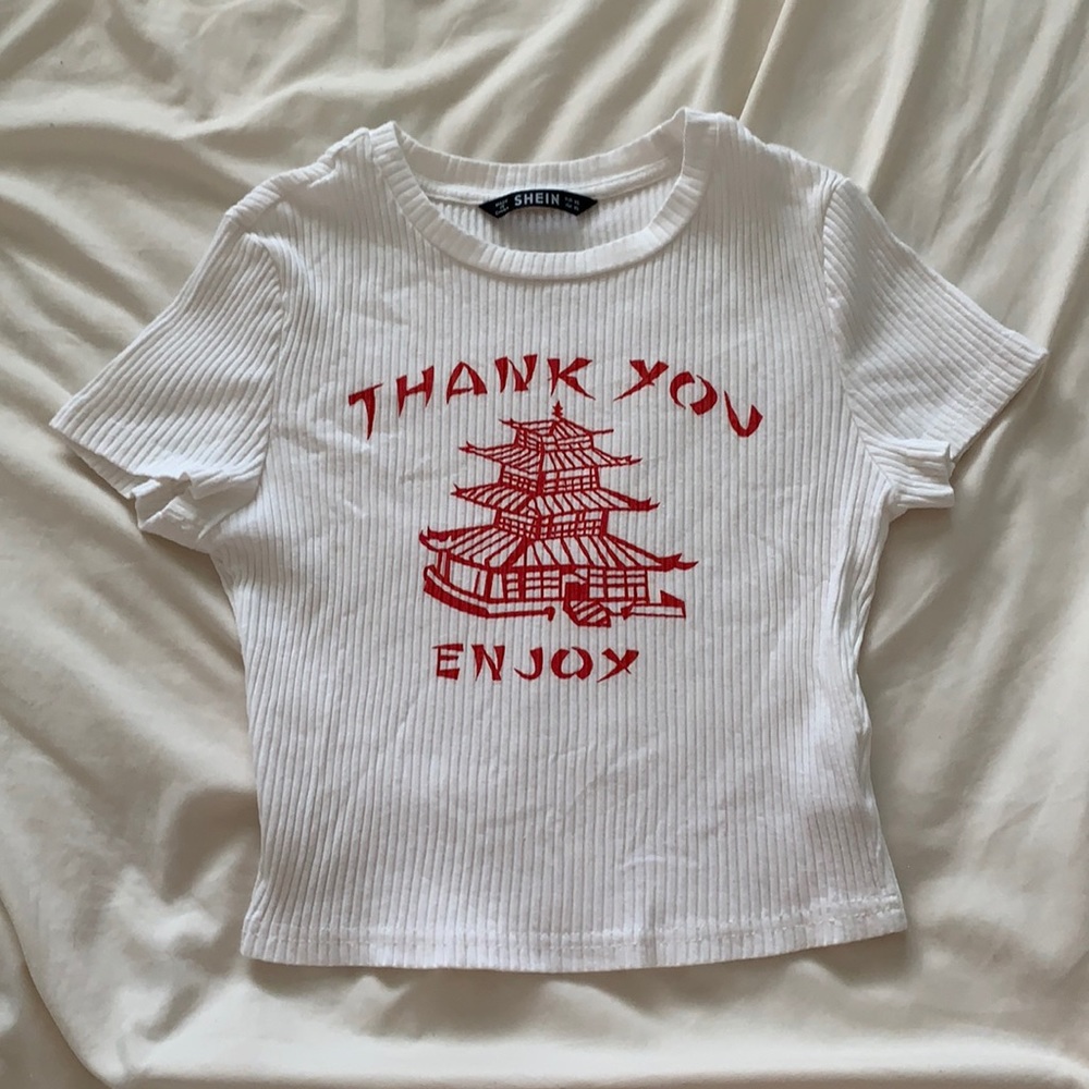 white cropped baby tee with print